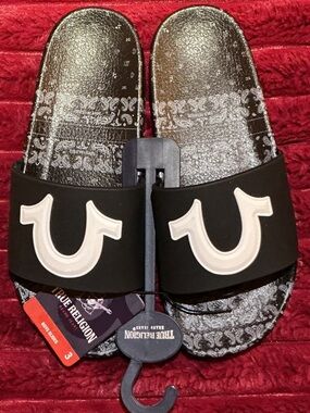 True Religion Black Slides with Cream Horseshoe Accent